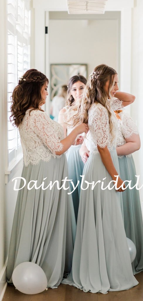 Simple Round Neck Floor-length Lace Chiffon Two-piece Long Bridesmaid Dresses.DB10767