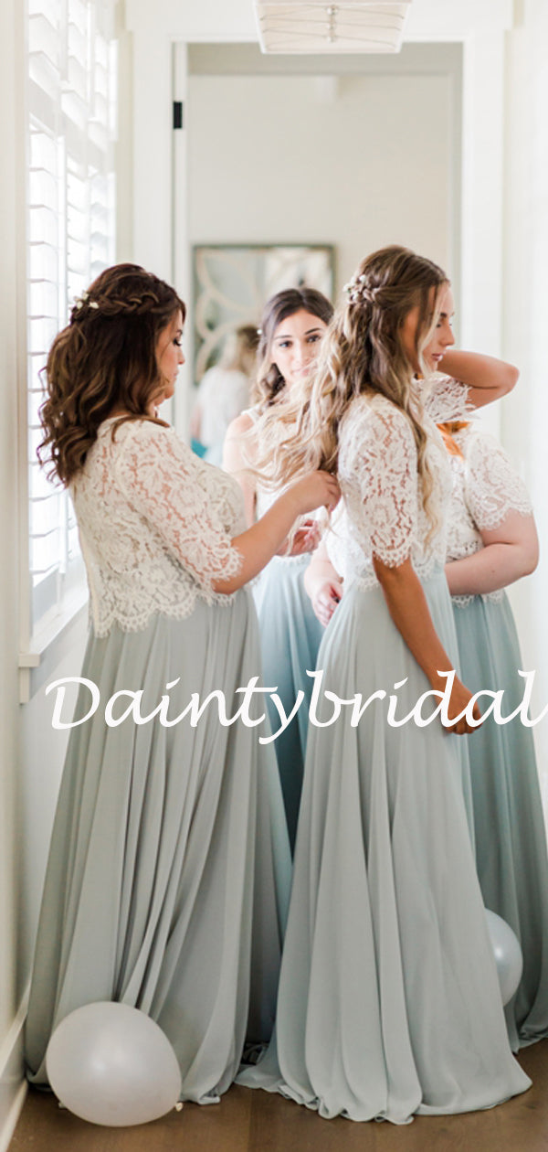 Simple Round Neck Floor-length Lace Chiffon Two-piece Long Bridesmaid DaintyBridal Simple Round Neck Floor-length Lace Chiffon Two-piece Long Bridesmaid DaintyBridal