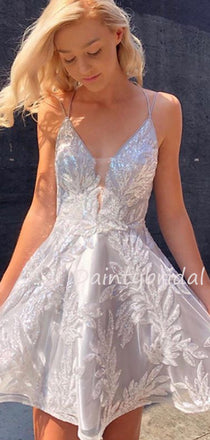 New Arrival V-neck Tulle Lace Open Back Homecoming Dresses.BD10460