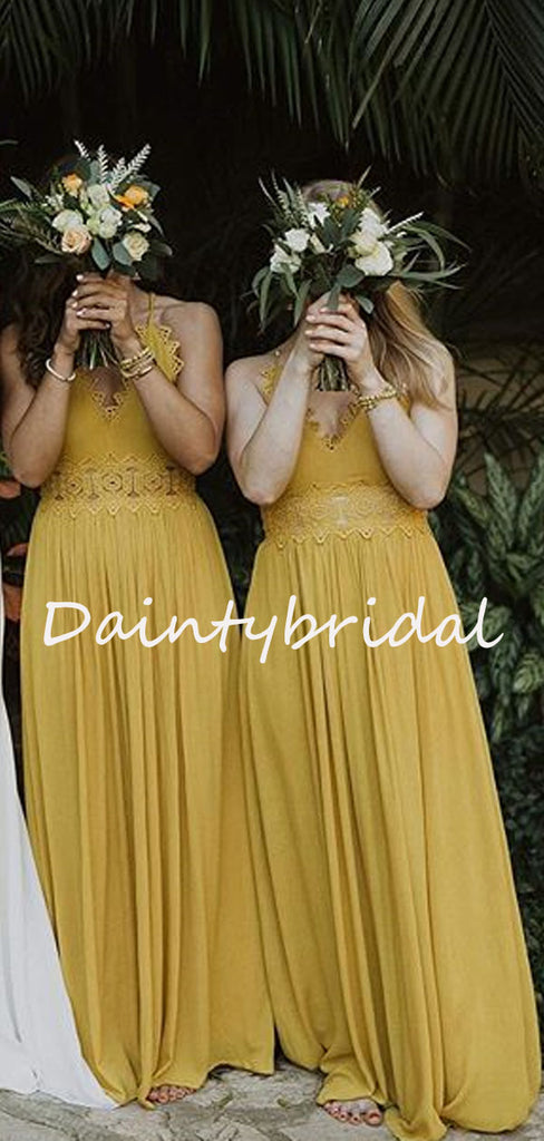 Charming V-neck Chiffon Lace Long Bridesmaid Dresses.DB10754