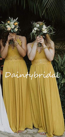 Charming V-neck Chiffon Lace Long Bridesmaid Dresses.DB10754