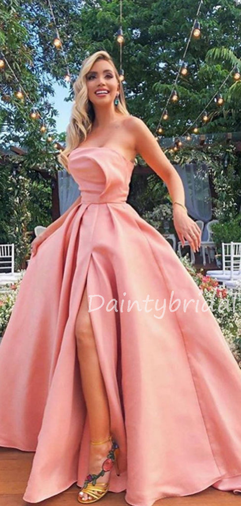 Charming Straight Satin A-line Side Slit Long Evening Dresses Prom Dresses.DB10520