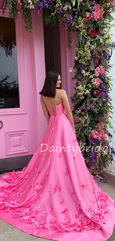 Charming V-neck Satin A-line Lace Up Back Long Prom Dresses Evening Dresses.DB10570