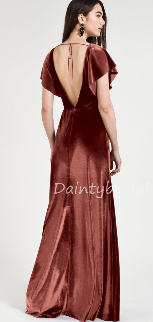 Charming V-Neck Velvet Floor Length Long Bridesmaid Dresses.DB10530