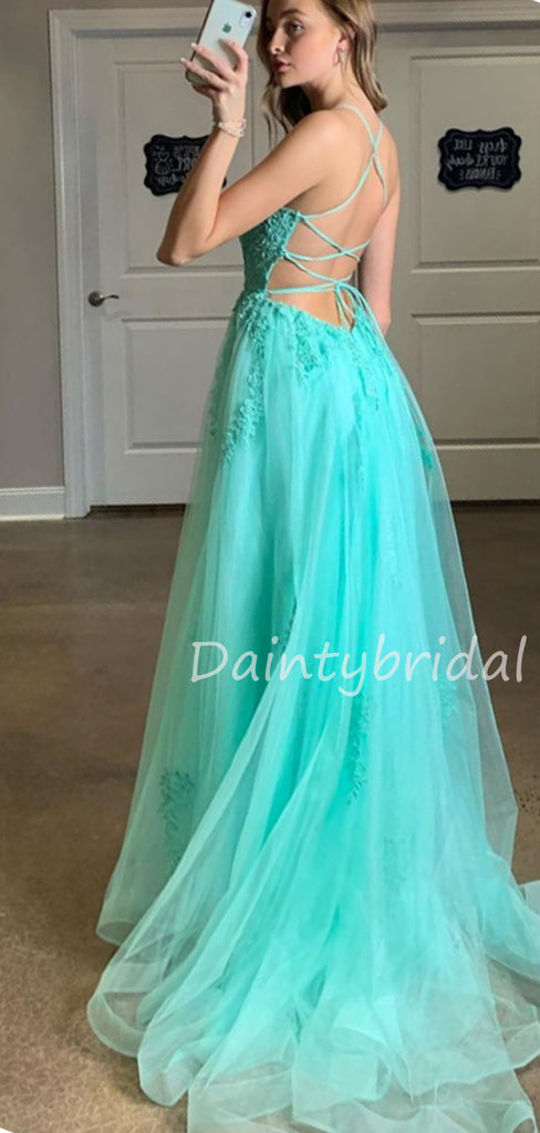 Charming V-neck Tulle Side Slit A-line Long Prom Dresses Evening Dresses.DB10510