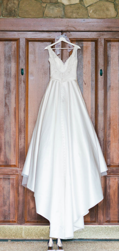 Affordable V-neck Satin A-line V-back Long Wedding Dresses.DB10625