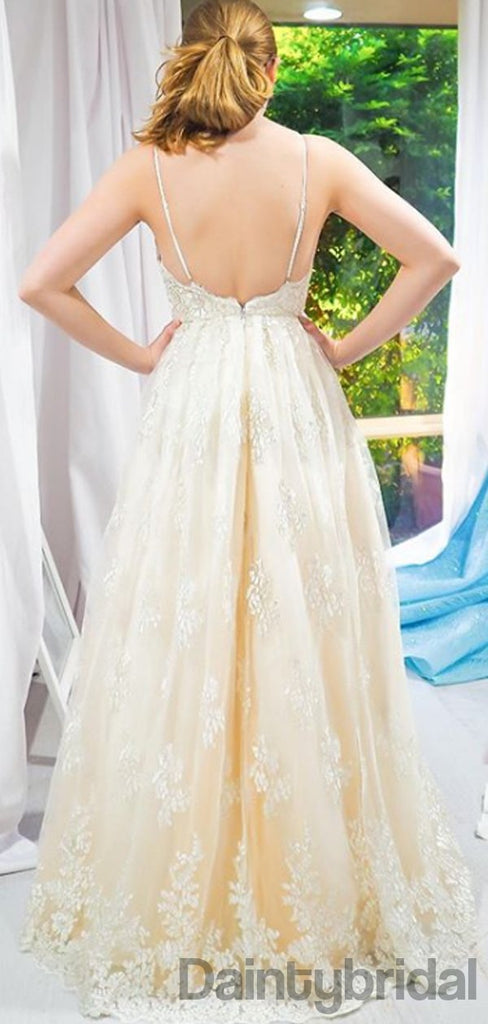 Gogerous V-neck Lace A-line Open Back Prom Dresses Evening Dresses.DB10303