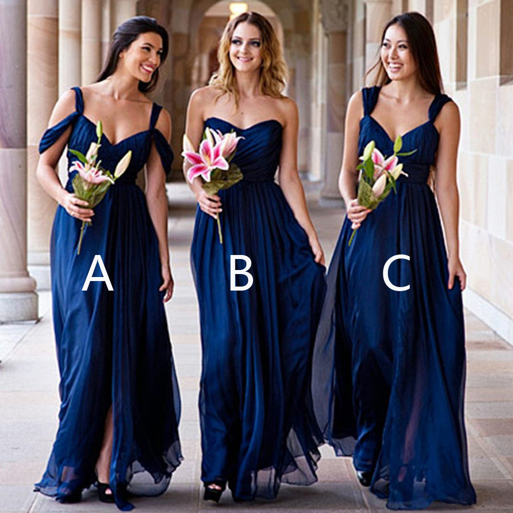 Mismatched Different Styles Chiffon Royal Blue Cheap Pleating Formal Long Wedding Party Bridesmaid Dresses, WG105