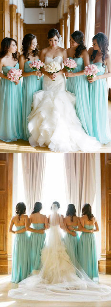 Simple Classic Sweetheart High Waist Strapless Floor-Length Blue Chiffon Long Wedding Party Bridesmaid Dresses, WG107