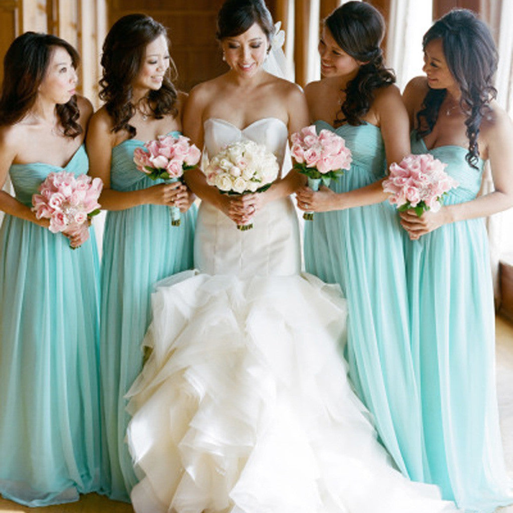 Simple Classic Sweetheart High Waist Strapless Floor-Length Blue Chiffon Long Wedding Party Bridesmaid Dresses, WG107