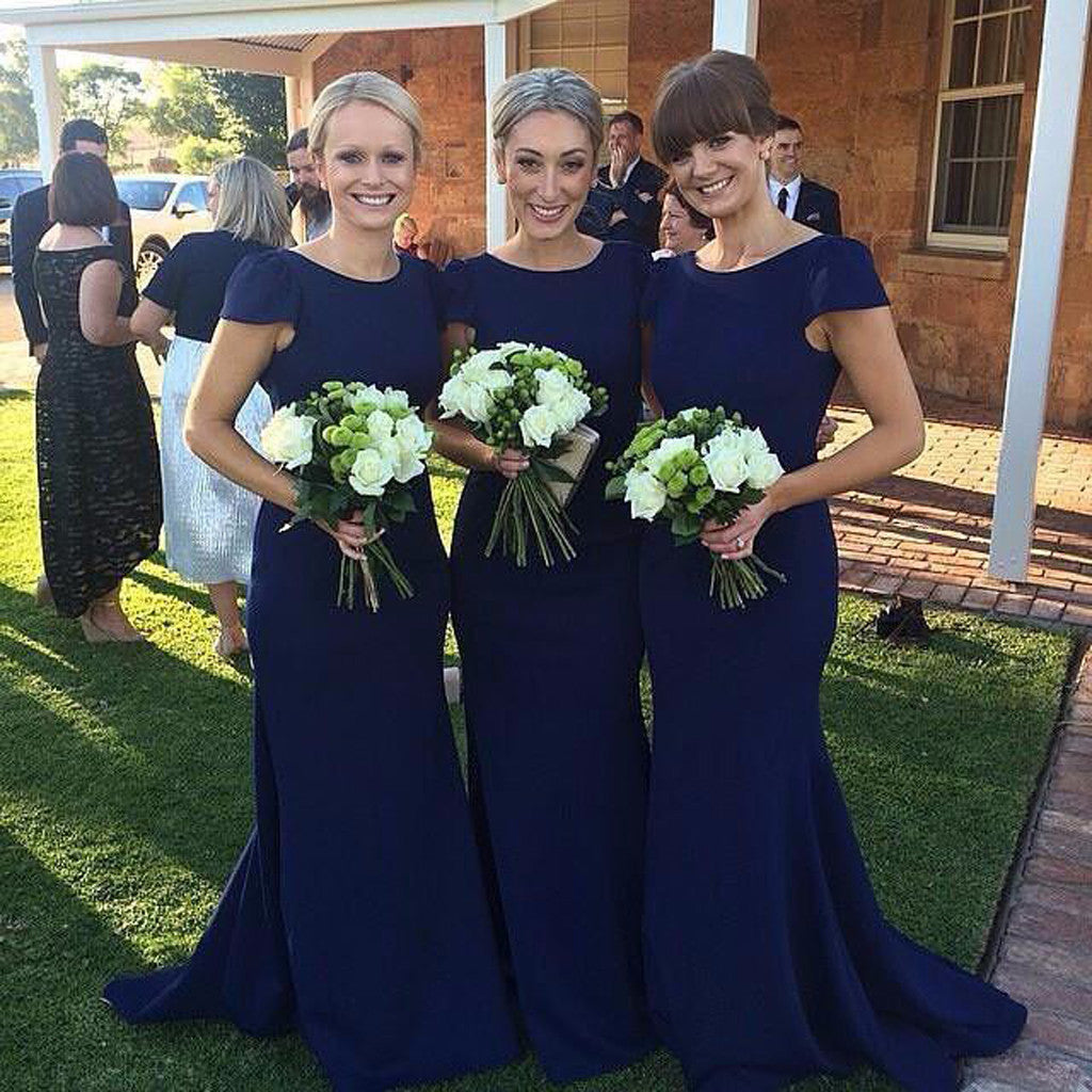 Elegant Cap Sleeve Round Neck Blue Long Column Sweep Trailing Wedding Party Bridesmaid Dresses , WG151