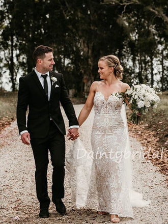 New Arrival V-neck Tulle Lace Mermaid Open Back Long Wedding Dresses.DB10480