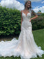 Simple Sexy Spaghetti Strap V-neck Mermaid Lace Tulle Long Wedding Dresses Evening Dresses.DB10707