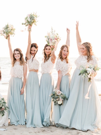 Simple Round Neck Floor-length Lace Chiffon Two-piece Long Bridesmaid Dresses.DB10767