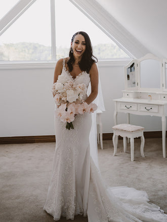 Pretty V-neck Simple Tulle Lace Mermaid Long Wedding Dresses, DB10739