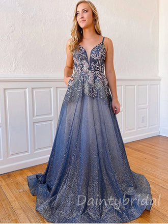 Sexy V-neck A-line Long Prom Dresses Evening Dresses.DB10370