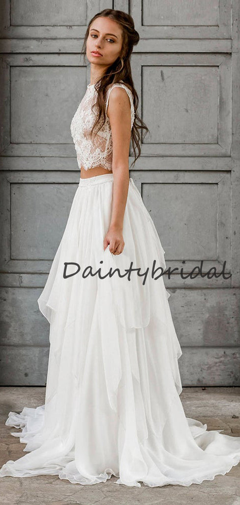Affordable Scoop Neck Two-piece Simple Chiffon Lace Long Wedding Dresses, DB10686