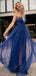 V-neck Tulle A-line Open Back Floor Length Long Prom Dresses Evening Dresses.DB10250