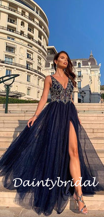 Charming V-neck A-line Side Slit Tulle Long Prom Dresses.DB10810