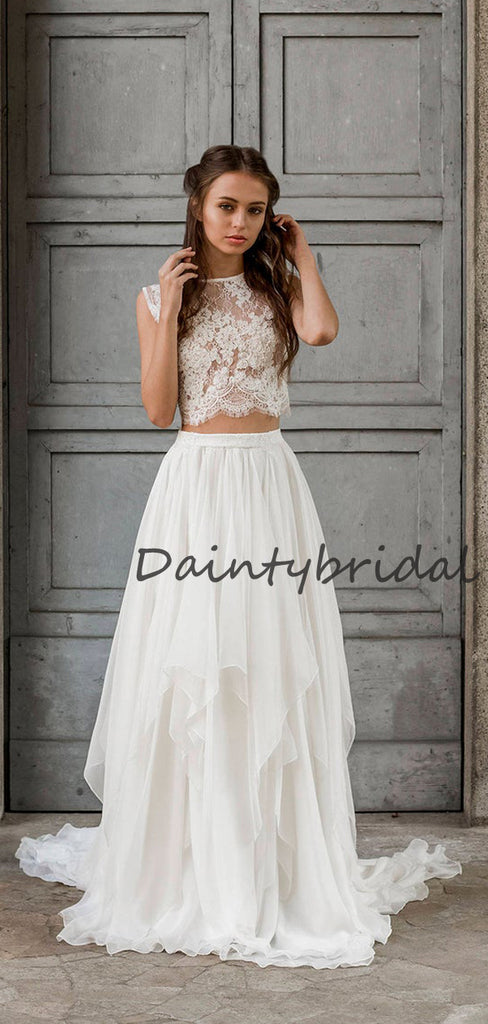 Affordable Scoop Neck Two-piece Simple Chiffon Lace Long Wedding Dresses, DB10686