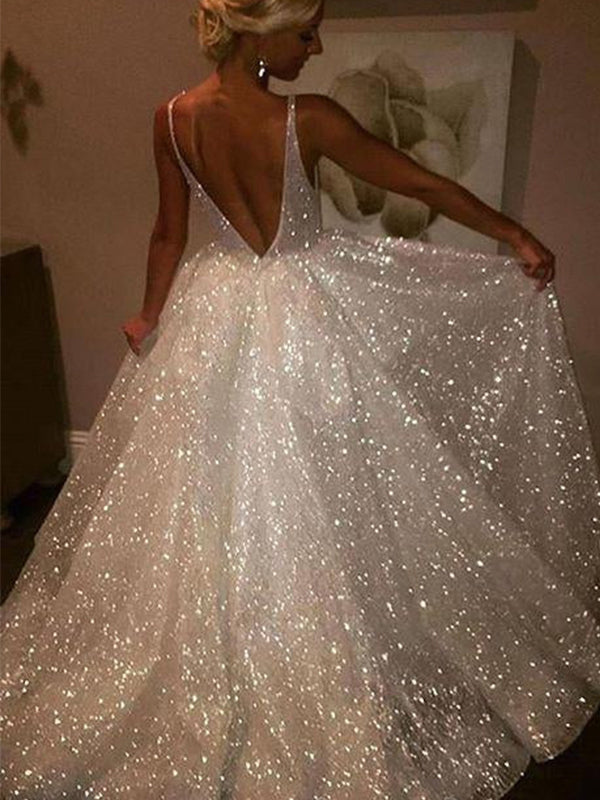 Sparkly Backless V-neck A-line Long Prom Dress, DB10941