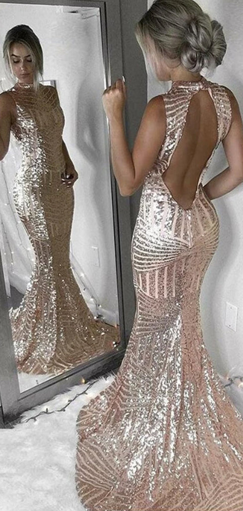 Sparkly Sleeveless Open Back Mermaid Prom Dress, DB10951