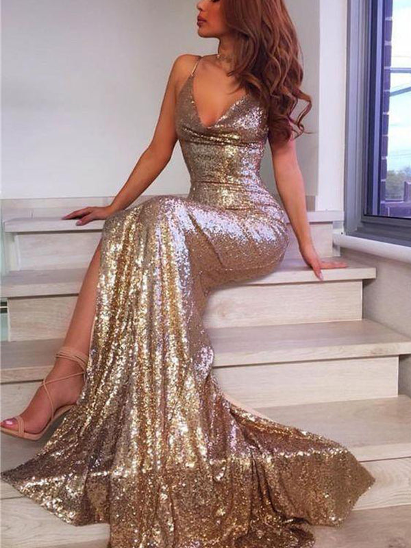 Sparkly Gold Mermaid V-neck Spaghetti Straps Prom Dress, DB10943
