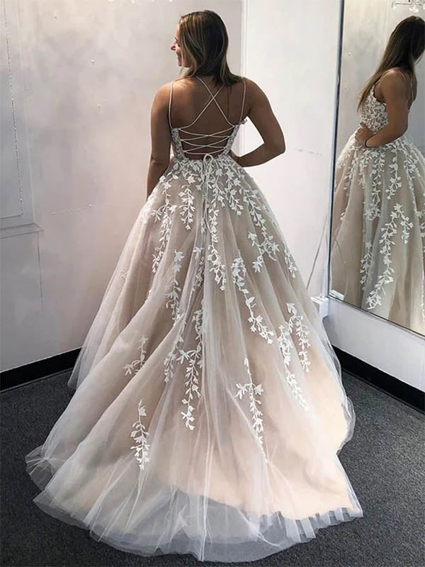Backless Champagne Lace Formal Prom Dress, DB10888 – DaintyBridal