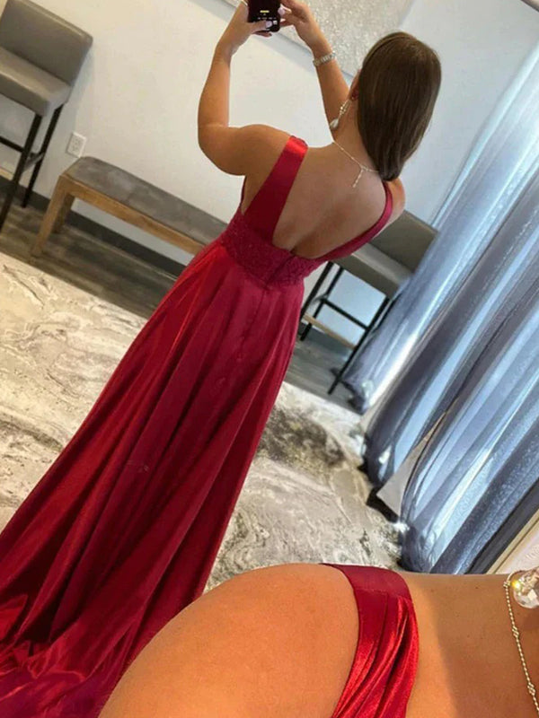 Red Open Back V-neck Long Prom Dress with High Slit, DB10938 DaintyBridal Red Open Back V-neck Long Prom Dress with High Slit, DB10938 DaintyBridal