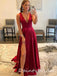 Elegant Burgundy Deep V-neck A-line Satin Long Prom Dresses Evening Dress, OL858