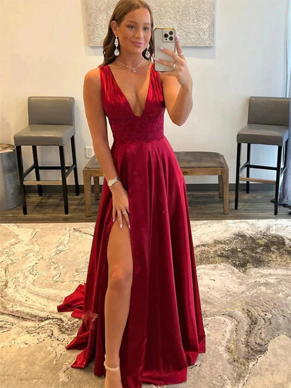 Red Open Back V-neck Long Prom Dress with High Slit, DB10938 DaintyBridal Red Open Back V-neck Long Prom Dress with High Slit, DB10938 DaintyBridal