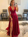 Red Open Back V-neck Long Prom Dress with High Slit, DB10938