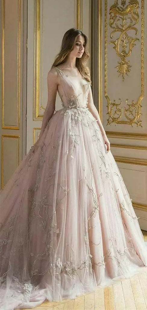 Elegant V-neck A-line Tulle Applique Prom Dress, DB10960