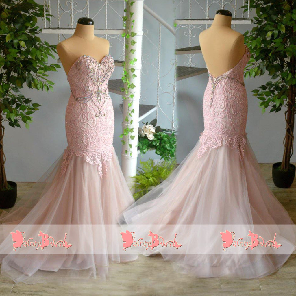 Pink Lace With Beaded Sweetheart Strapless Mermaid Gorgeous Prom Dresses. DB1063