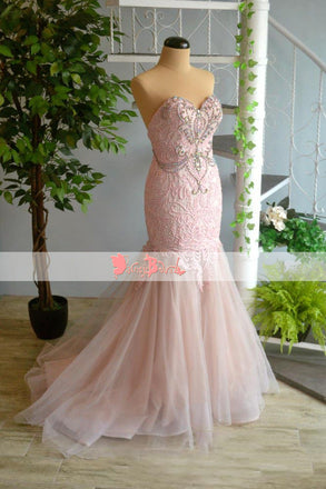 Pink Lace With Beaded Sweetheart Strapless Mermaid Gorgeous Prom Dresses. DB1063
