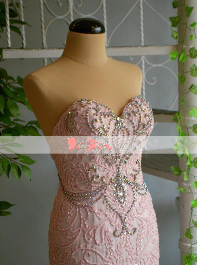 Pink Lace With Beaded Sweetheart Strapless Mermaid Gorgeous Prom Dresses. DB1063