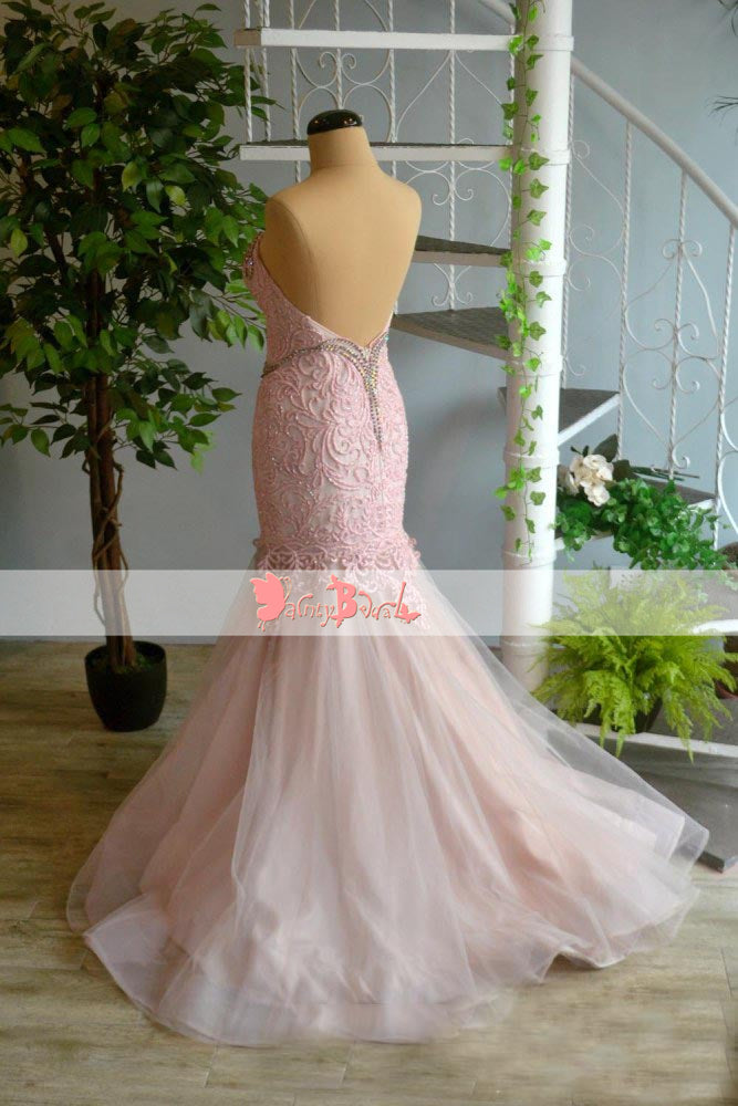 Pink Lace With Beaded Sweetheart Strapless Mermaid Gorgeous Prom Dresses. DB1063