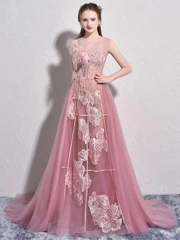 Elegant Pink Applique Illusion Prom Dress, DB10971