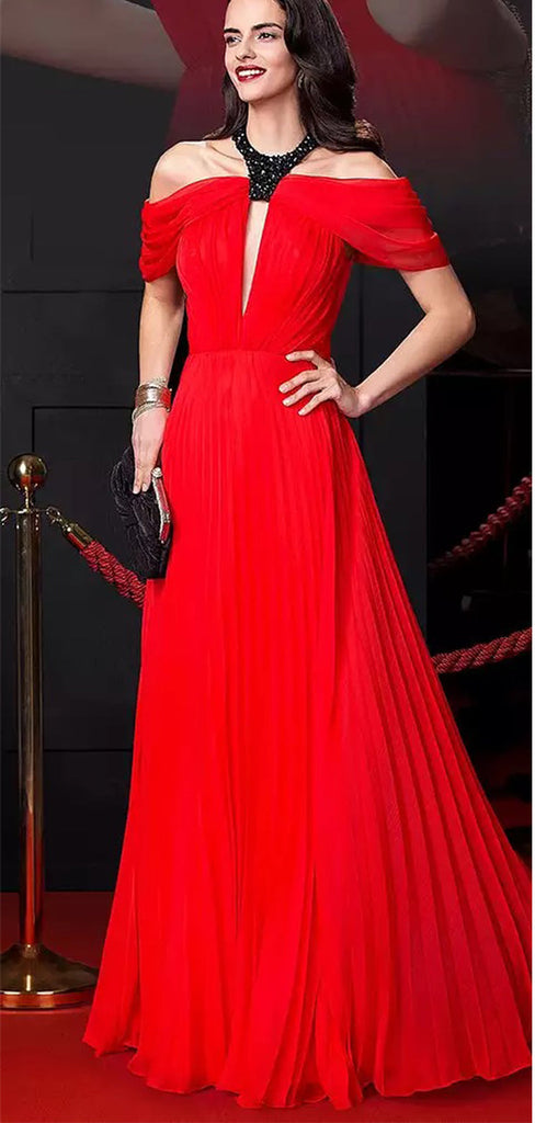 Red Black Halter Off Shoulder Prom Dress, DB10968