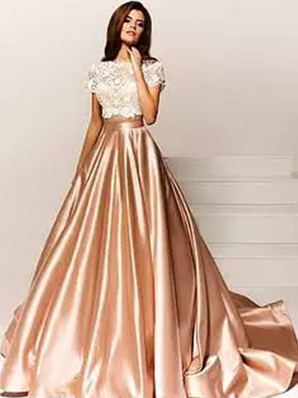 Gold Two Pieces Short Sleeves Prom Dress, DB10963