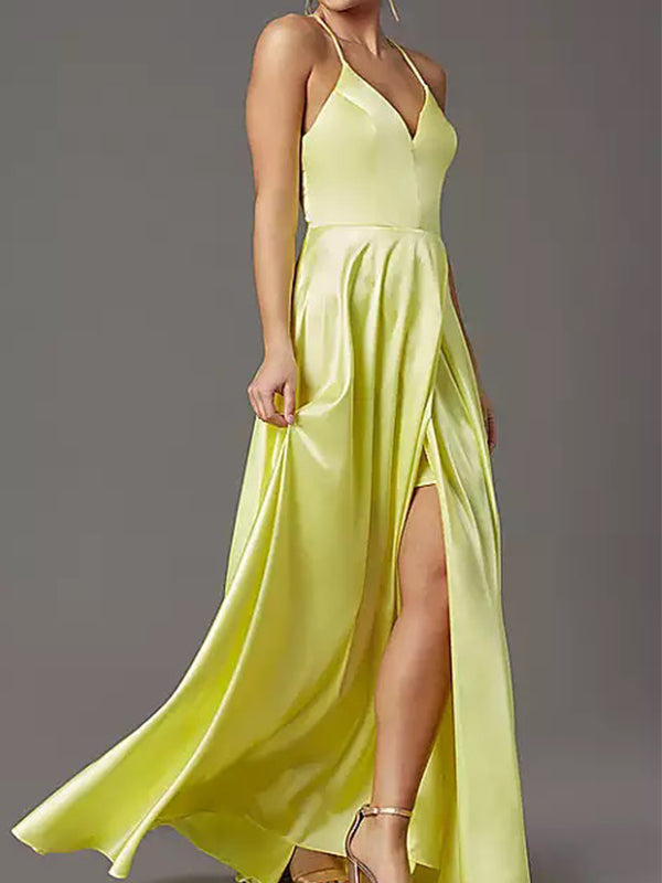 Yellow Spaghetti Straps V-neck Prom Dress with Side Slit, DB10991