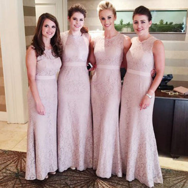 Modest Flesh Pink Jewel Neck Sleeveless Full Lace Sexy Mermaid  Long Floor Length Bridesmaid Dresses, WG112
