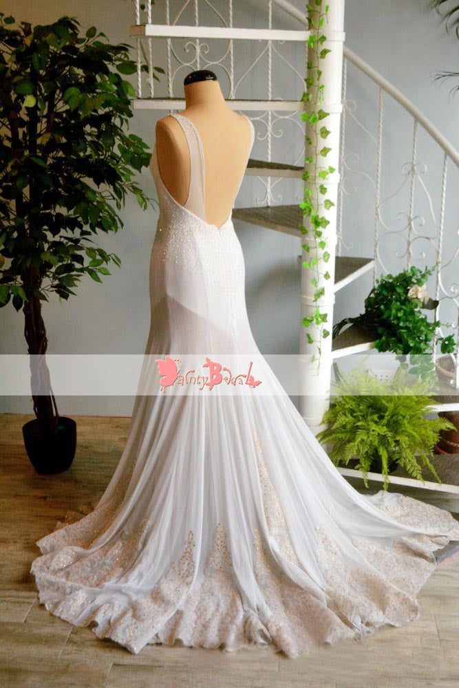 Elegant Ivory Beaded Appliques Sleeveless V-neck Backless Prom Dresses. DB1064