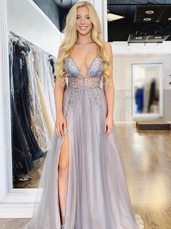 Sexy Deep V-neck Spaghetti Straps Tulle Prom Dress with Side Slit, DB1 – DaintyBridal