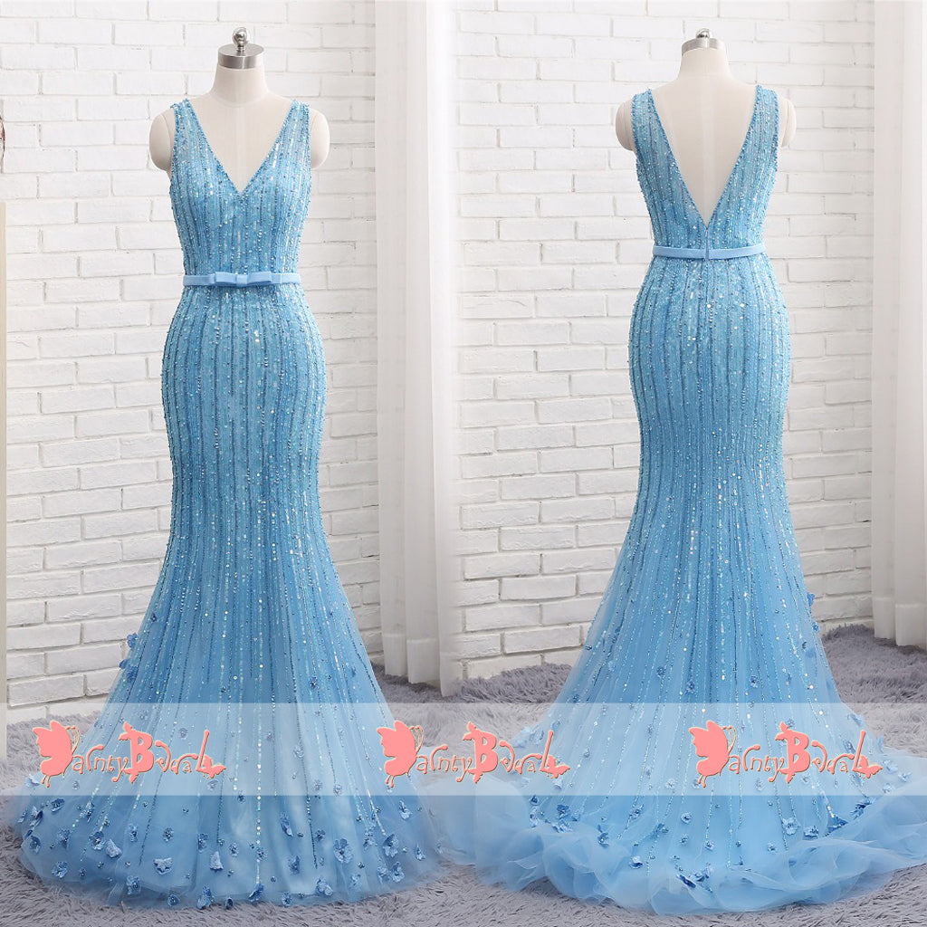 Charming Blue Beaded Handmade Flowers Shinning Mermaid V-neck Prom Dresses. DB1065
