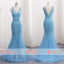 Charming Blue Beaded Handmade Flowers Shinning Mermaid V-neck Prom Dresses. DB1065