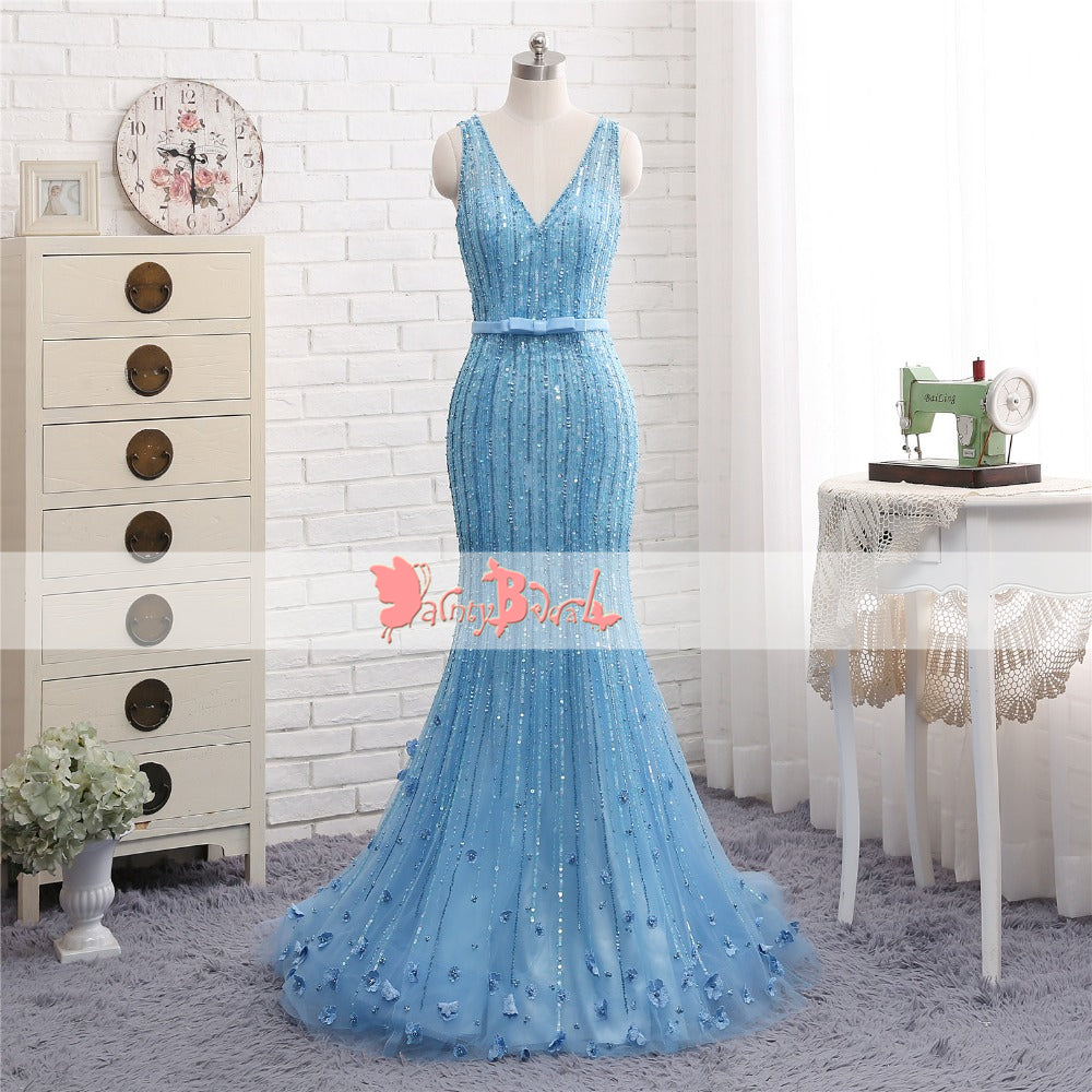 Charming Blue Beaded Handmade Flowers Shinning Mermaid V-neck Prom Dresses. DB1065