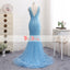 Charming Blue Beaded Handmade Flowers Shinning Mermaid V-neck Prom Dresses. DB1065