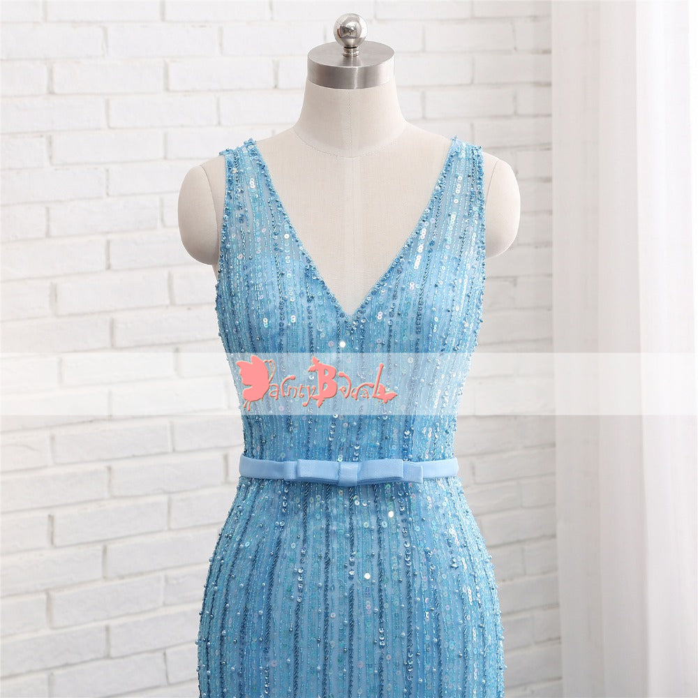Charming Blue Beaded Handmade Flowers Shinning Mermaid V-neck Prom Dresses. DB1065