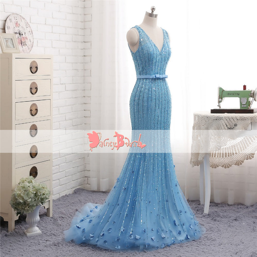 Charming Blue Beaded Handmade Flowers Shinning Mermaid V-neck Prom Dresses. DB1065